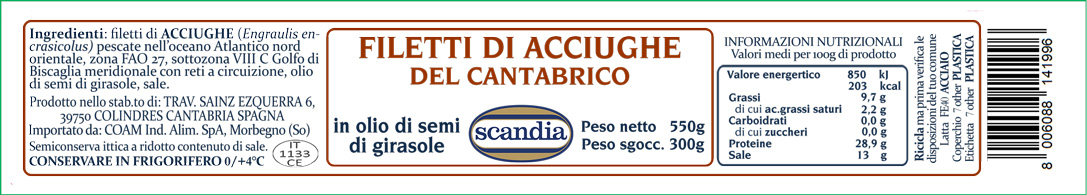 Filetti di Acciughe del Mar Cantabrico in olio di semi di girasole 550g